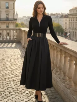 Robe maxi trapèze à manches longues coupe trapèze en maille côtelée demi-zip et patchwork ceinture intégrée collection femme 2026