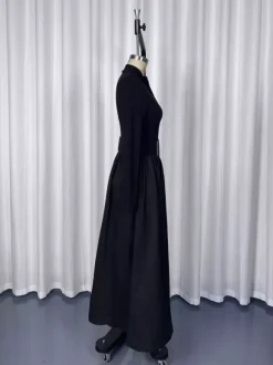 Robe maxi trapèze à manches longues coupe trapèze en maille côtelée demi-zip et patchwork ceinture intégrée collection femme 2026