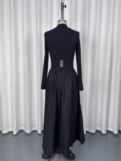 Robe maxi trapèze à manches longues coupe trapèze en maille côtelée demi-zip et patchwork ceinture intégrée collection femme 2026