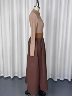 Robe maxi trapèze à manches longues coupe trapèze en maille côtelée demi-zip et patchwork ceinture intégrée collection femme 2026