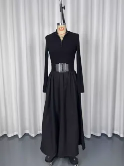 Robe maxi trapèze à manches longues coupe trapèze en maille côtelée demi-zip et patchwork ceinture intégrée collection femme 2026