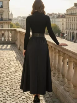 Robe maxi trapèze à manches longues coupe trapèze en maille côtelée demi-zip et patchwork ceinture intégrée collection femme 2026
