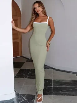 Robe maxi verte sexy à col rond et dos nu sans manches et taille haute pour femme.