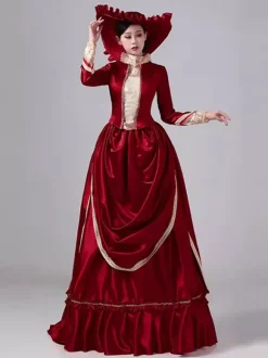 Robe maxi victorienne bordeaux à tournure manches longues en polyester style rétro avec chapeau.