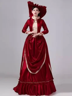 Robe maxi victorienne bordeaux à tournure manches longues en polyester style rétro avec chapeau.