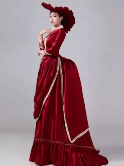 Robe maxi victorienne bordeaux à tournure manches longues en polyester style rétro avec chapeau.