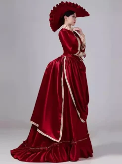Robe maxi victorienne bordeaux à tournure manches longues en polyester style rétro avec chapeau.