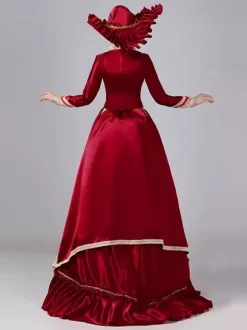 Robe maxi victorienne bordeaux à tournure manches longues en polyester style rétro avec chapeau.