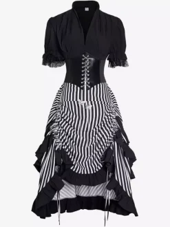 Robe médiévale pour femme robe de pirate rayée costume de pirate gothique jupe haute-basse ensemble 3 pièces