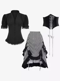 Robe médiévale pour femme robe de pirate rayée costume de pirate gothique jupe haute-basse ensemble 3 pièces