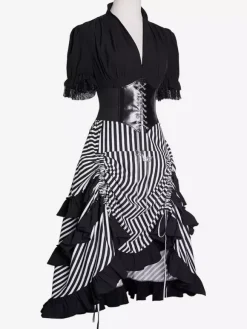 Robe médiévale pour femme robe de pirate rayée costume de pirate gothique jupe haute-basse ensemble 3 pièces