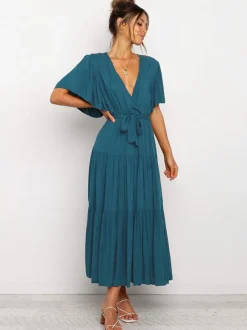 Robe midi bohème à volants pour femme - Robe d'été fluide à col en V manches papillon et coupe trapèze - Idéale pour les invités aux mariages d'été 2026