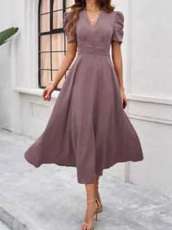 Robe midi bordeaux à manches bouffantes et col en V pour femme élégante et chic