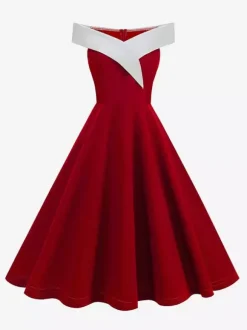 Robe midi bordeaux à épaules dénudées et coupe trapèze pour femme élégante et habillée.