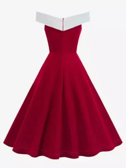 Robe midi bordeaux à épaules dénudées et coupe trapèze pour femme élégante et habillée.