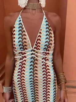 Robe midi dos nu en crochet color block pour femme style bohème chic
