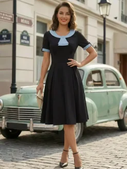 Robe midi d'été trapèze à col Peter Pan contrasté pour femme 2026