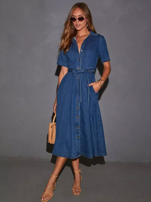 Robe midi en jean bleu marine à manches courtes pour femme style classique décontracté