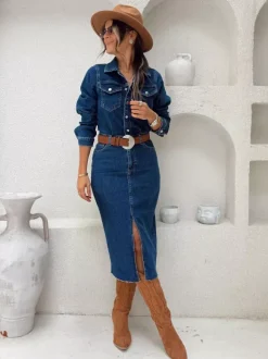 Robe midi en jean à manches longues pour femme - Robe moulante bleue style western boutonnée sur le devant et fendue sur le devant - Collection printemps 2026