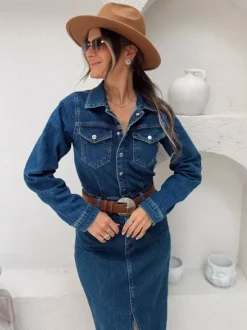 Robe midi en jean à manches longues pour femme - Robe moulante bleue style western boutonnée sur le devant et fendue sur le devant - Collection printemps 2026
