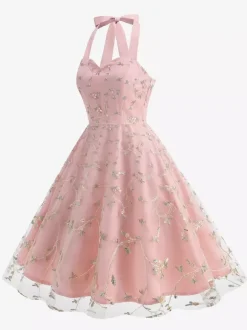 Robe midi fleurie vintage années 1950 pour femme - Robe d'été trapèze en maille brodée à col halter - Idéale pour un mariage printanier au jardin (2026)