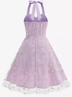 Robe midi fleurie vintage années 1950 pour femme - Robe d'été trapèze en maille brodée à col halter - Idéale pour un mariage printanier au jardin (2026)