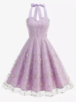 Robe midi fleurie vintage années 1950 pour femme - Robe d'été trapèze en maille brodée à col halter - Idéale pour un mariage printanier au jardin (2026)