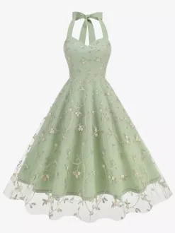 Robe midi fleurie vintage années 1950 pour femme - Robe d'été trapèze en maille brodée à col halter - Idéale pour un mariage printanier au jardin (2026)