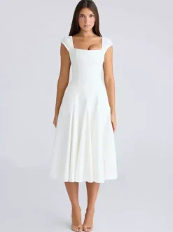 Robe midi élégante à col carré et coupe trapèze pour femme - Robe d'été vintage sans manches cintrée et évasée - Idéale pour les invités aux mariages d'été et les cocktails (collection 2026)