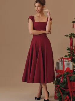 Robe midi élégante à col carré et coupe trapèze pour femme - Robe d'été vintage sans manches cintrée et évasée - Idéale pour les invités aux mariages d'été et les cocktails (collection 2026)
