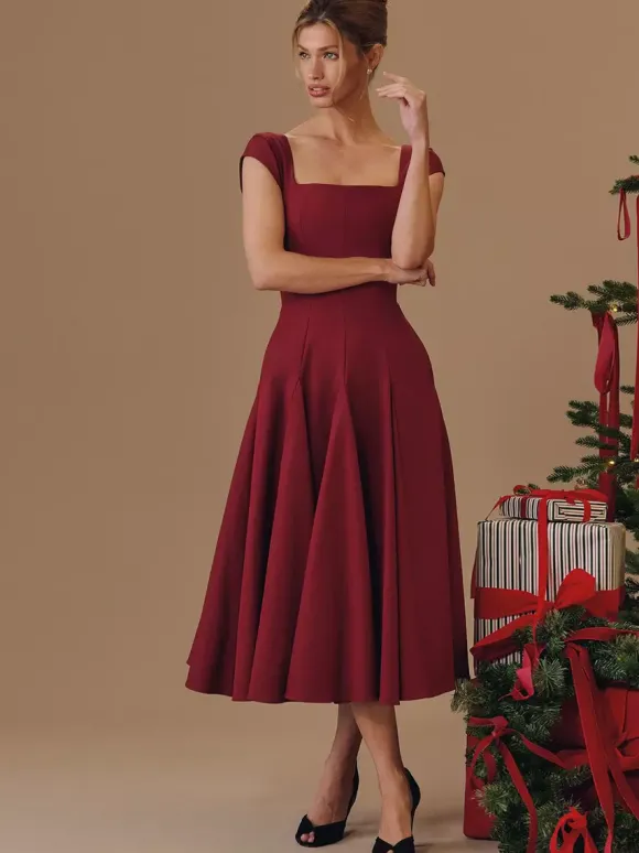 Robe midi élégante à col carré et coupe trapèze pour femme - Robe d'été vintage sans manches cintrée et évasée - Idéale pour les invités aux mariages d'été et les cocktails (collection 2026)