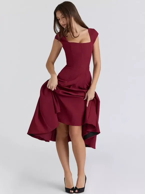 Robe midi élégante à col carré et coupe trapèze pour femme - Robe d'été vintage sans manches cintrée et évasée - Idéale pour les invités aux mariages d'été et les cocktails (collection 2026)