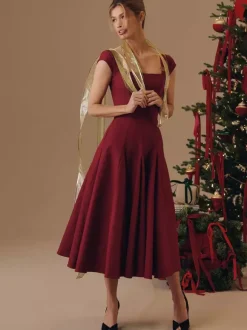 Robe midi élégante à col carré et coupe trapèze pour femme - Robe d'été vintage sans manches cintrée et évasée - Idéale pour les invités aux mariages d'été et les cocktails (collection 2026)