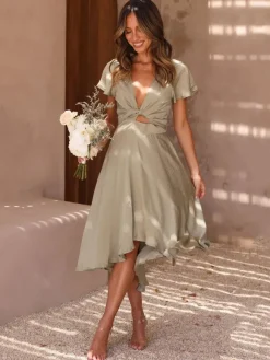 Robe midi à manches courtes col en V coupe asymétrique nouée
