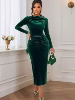 Robe midi à manches longues froncées en velours vert émeraude pour femme 2026