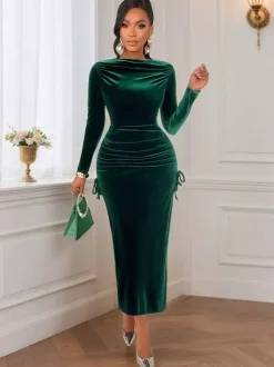 Robe midi à manches longues froncées en velours vert émeraude pour femme 2026