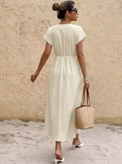 Robe midi moulante côtelée à rayures blanches et noires pour femme - Sans manches col rond robe d'été décontractée
