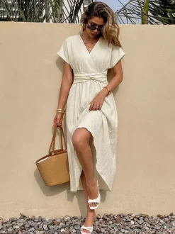 Robe midi moulante côtelée à rayures blanches et noires pour femme - Sans manches col rond robe d'été décontractée