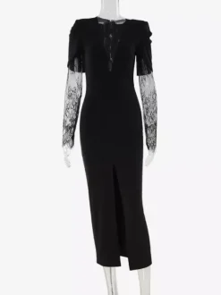 Robe midi moulante à encolure en V profonde et fente haute ornée de patchwork de dentelle collection femme 2026