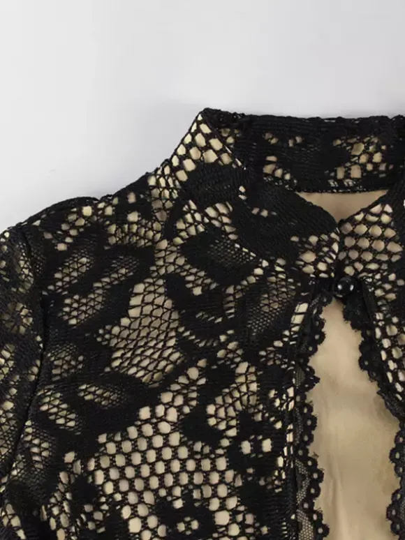 Robe midi moulante en dentelle pour femme - Robe fourreau noire vintage à manches cloche et fente au dos - Idéale pour un cocktail de printemps 2026