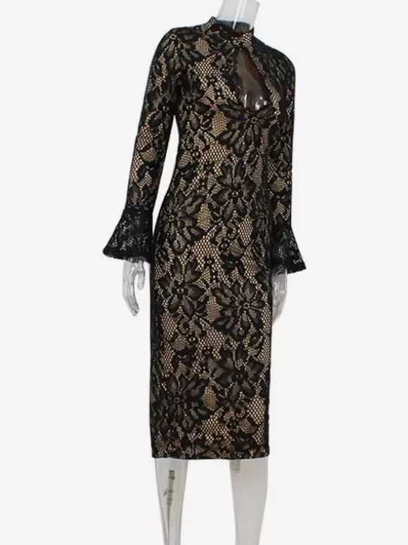Robe midi moulante en dentelle pour femme - Robe fourreau noire vintage à manches cloche et fente au dos - Idéale pour un cocktail de printemps 2026