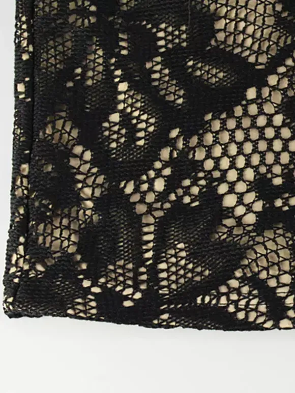Robe midi moulante en dentelle pour femme - Robe fourreau noire vintage à manches cloche et fente au dos - Idéale pour un cocktail de printemps 2026