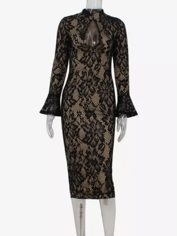 Robe midi moulante en dentelle pour femme - Robe fourreau noire vintage à manches cloche et fente au dos - Idéale pour un cocktail de printemps 2026