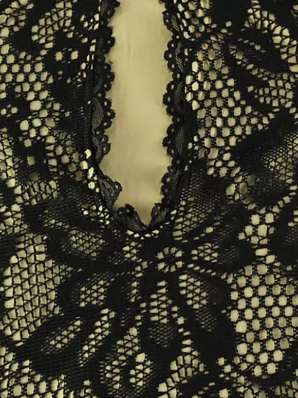 Robe midi moulante en dentelle pour femme - Robe fourreau noire vintage à manches cloche et fente au dos - Idéale pour un cocktail de printemps 2026