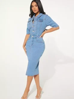 Robe midi moulante en jean délavé pour femme - Robe crayon bleue cintrée à boutons - Collection printemps-été 2026