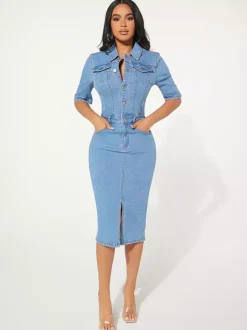 Robe midi moulante en jean délavé pour femme - Robe crayon bleue cintrée à boutons - Collection printemps-été 2026