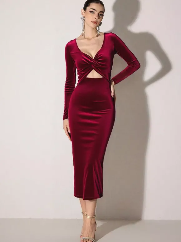 Robe midi moulante sexy en velours Bargendy à découpes et manches longues pour femme 2026