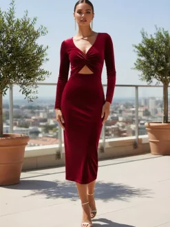 Robe midi moulante sexy en velours Bargendy à découpes et manches longues pour femme 2026