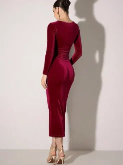 Robe midi moulante sexy en velours Bargendy à découpes et manches longues pour femme 2026