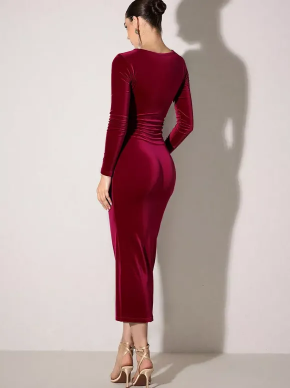 Robe midi moulante sexy en velours Bargendy à découpes et manches longues pour femme 2026